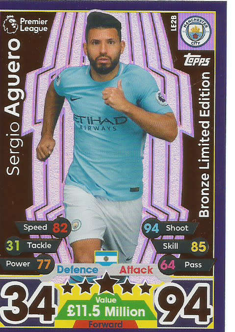 SERGIO AGUERO - MATCH ATTAX 2017/18 -  "BRONZE LIMITED EDITION" TRADING CARD