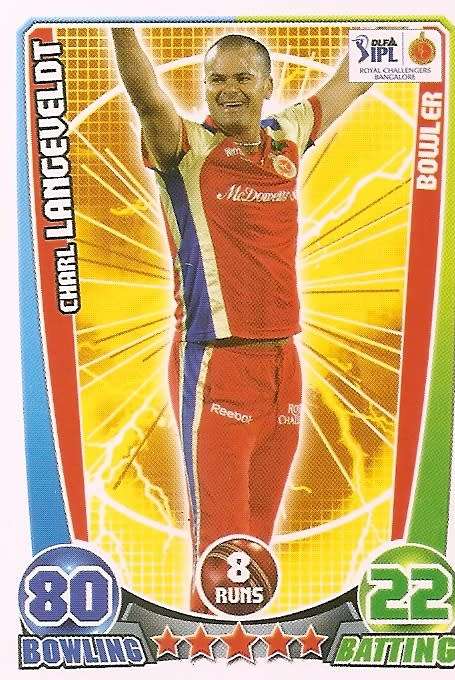CHARL LANGEVELDT - CRICKET ATTAX IPL LEAGUE 2012 - "BASE" TRADING CARD