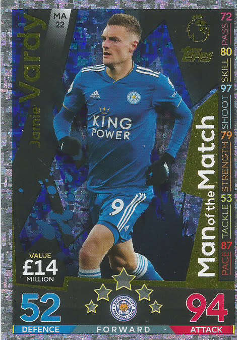 JAMES VARDY - MATCH ATTAX EXTRA 2019 - GOLD "MAN of the MATCH" TRADING CARD MA22