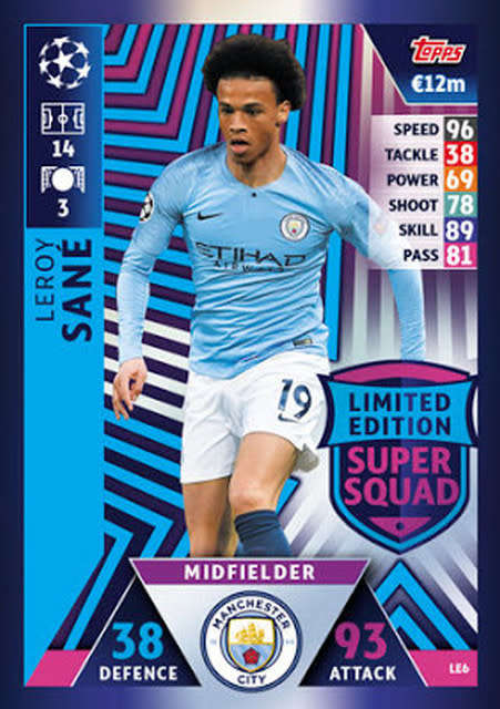 LEROY SANE - CHAMPIONS LEAGUE 2018/19 -  "SUPER SQUAD LIMITED EDITION" FOIL TRADING CARD LE6