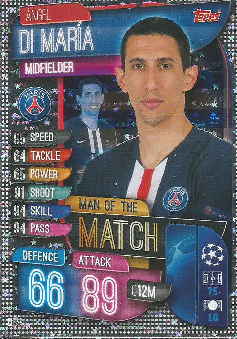 ANGEL DI MARIA - CHAMPIONS LEAGUE 2019/20 -  SILVER FOIL "MAN of the MATCH" TRADING CARD