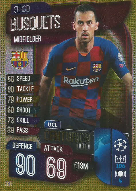 SERGIO BUSQUETS - TOPPS CHAMPIONS LEAGUE 2019/20 -  GOLD FOIL `CENTURION` TRADING CARD