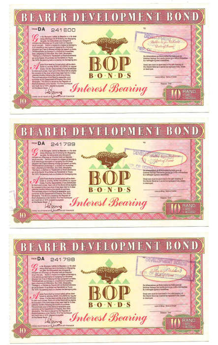 BOP BONDS - BOPHUTHATSWANA - LOT of 3 R10 IN SEQUENCE BOP BONDS - UNC. - LOT B