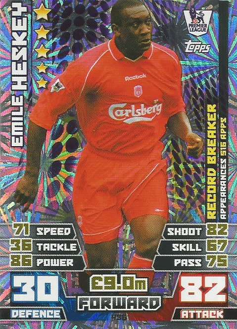 EMILE HESKEY - TOPPS EPL MATCH ATTAX 2014/2015 - FOIL "RECORD BREAKER" TRADING CARD 436