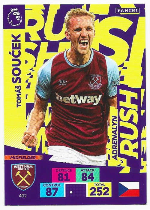 TOMAS SOUCEK - ENGLISH PREMIER LEAGUE PLUS 2020/2021 -  `ADRENALYN RUSH` TRADING CARD 492