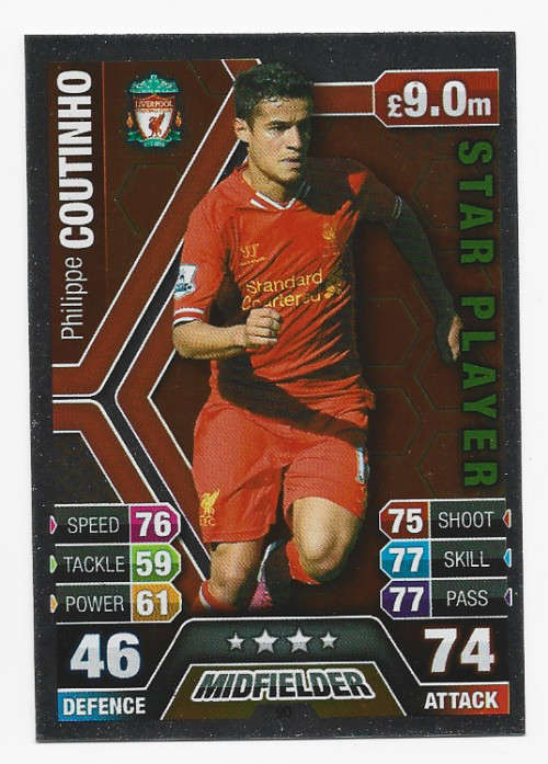 PHILLIPPE COUTINHO - TOPPS `MATCH ATTAX` 2013/2014 - `STAR PLAYER` FOIL TRADING CARD 90 Int.