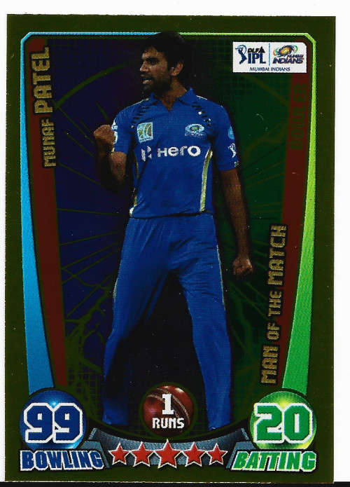 MUNAF PATEL - TOPPS `CRICKET ATTAX` 2012 - GOLD `MAN of the MATCH` TRADING CARD