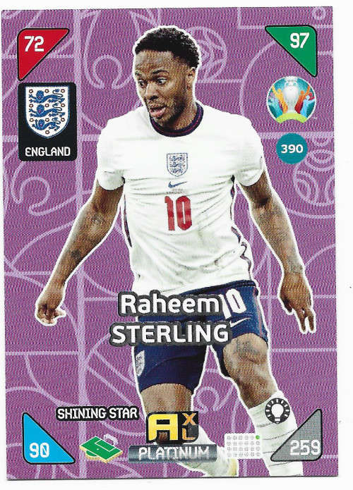 RAHEEM STERLING - EURO 2020 - `PANINI EURO 2020` - MAUVE FOIL `SHINNING STAR` TRADING CARD 390
