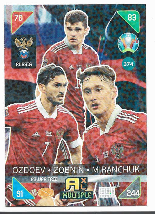 RUSSIA - PANINI  `EURO 2020 KICK OFF` -  FOIL `POWER TRIO` TRADING CARD 374