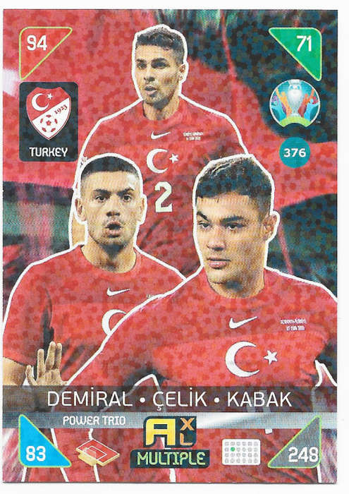 TURKEY - PANINI  `EURO 2020 KICK OFF` -  FOIL `POWER TRIO` TRADING CARD 376