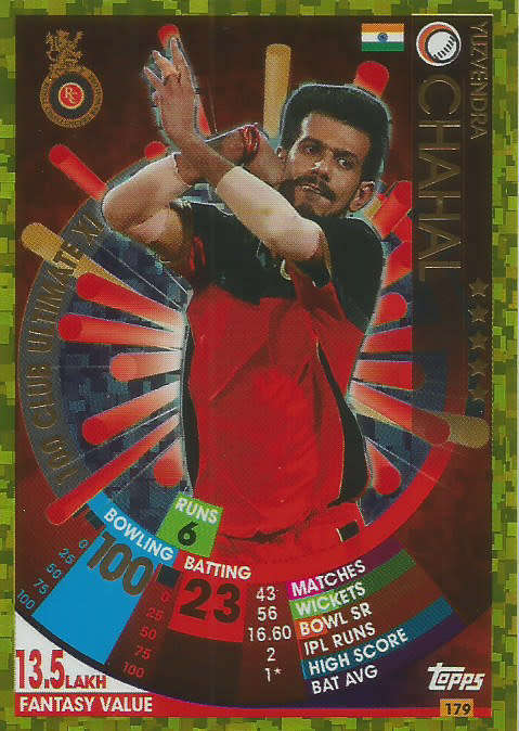 YUZ. CHAHAL - IPL CRICKET ATTAX 2017/18 - RARE GOLD `100 CLUB ULTIMATE XI` TRADING CARD 179