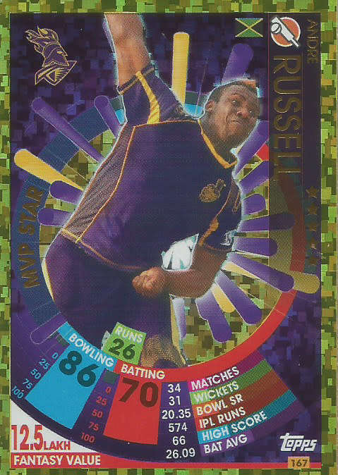 ANDRE RUSSELL - IPL CRICKET ATTAX 2017/18 - RARE GOLD `MVP STAR` TRADING CARD 167