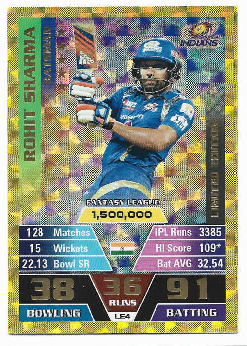 ROHIT SHARMA - IPL CRICKET ATTAX 2016 - RARE GOLD `LIMITED EDITION` TRADING CARD LE4