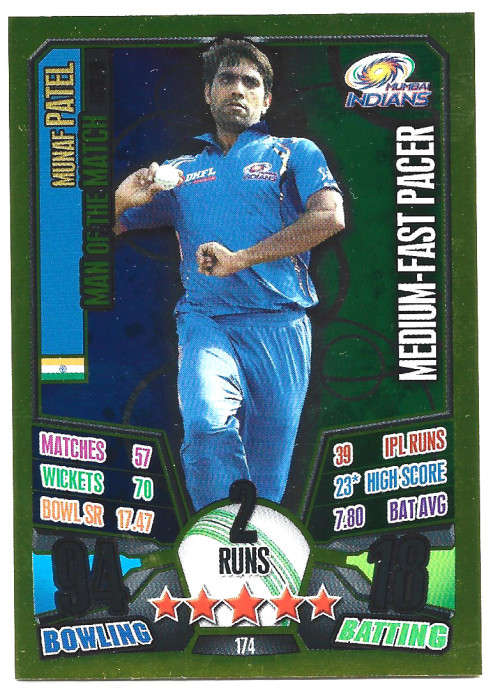 MUNAF PATEL - IPL CRICKET ATTAX 2013 - RARE GOLD `MAN of the MATCH` TRADING CARD 174