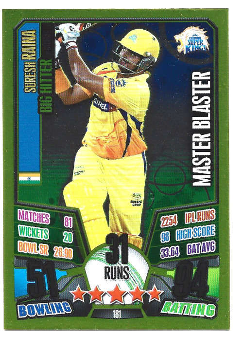 SURESH RAINA - IPL CRICKET ATTAX 2013 - RARE GOLD `BIG HITTER` TRADING CARD 181