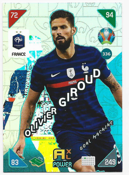 OLIVIER GIROUD - PANINI  `EURO 2020 KICK OFF` -  FOIL `GOAL MACHINE` TRADING CARD 336
