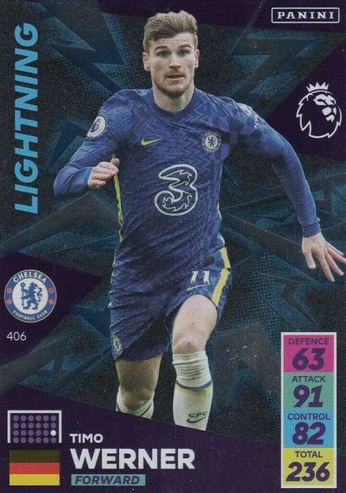 TIMO WERNER - PANINI Adrenalyn EPL 2021/2022 - FOIL `LIGHTNING` TRADING CARD 406