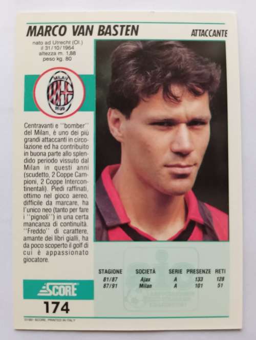 MARCO VAN BASTEN(Holand/AC Milan) - SCORE `Italian SERIE A` 1992 - RARE TRADING CARD B
