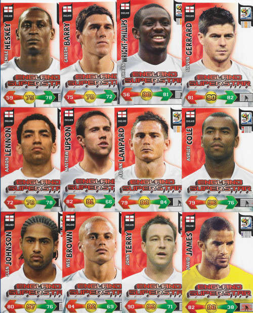 ENGLAND - FIFA WORLD CUP 2010 ADRENALYN XL - Complete Team set of 18 Base trading cards - UK Edition