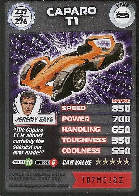 CAPARO T1 - `BBC` TOP GEAR TURBO CHALLENGE  - `RARE` TRADING CARD 237