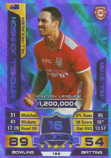 MITCHELL JOHNSON - `TOPPS`  IPL CRICKET ATTAX 2015/16 - `ALL STAR` SILVER TRADING CARD