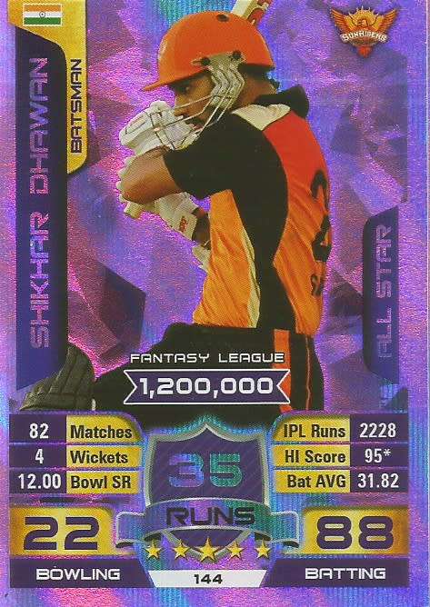 SHIKHAR DHAWAN - `TOPPS`  IPL CRICKET ATTAX 2015/16 - `ALL STAR` SILVER TRADING CARD