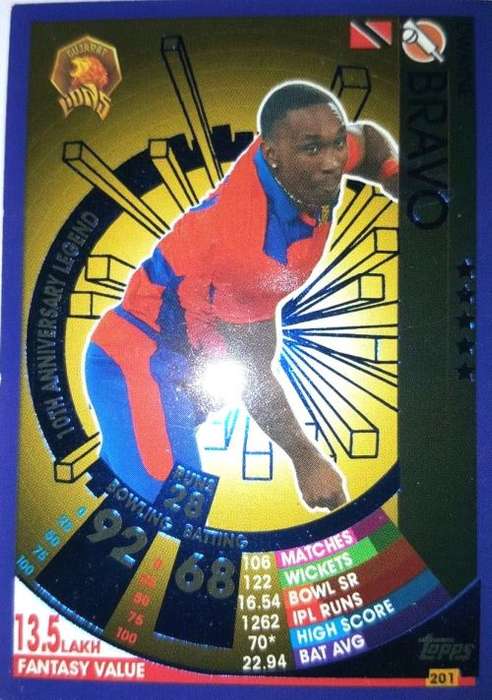 DWAYNE BRAVO - IPL CRICKET ATTAX 2017/18 - RARE BLUE `10th ANNIVERSARY` FOIL TRADING CARD 201