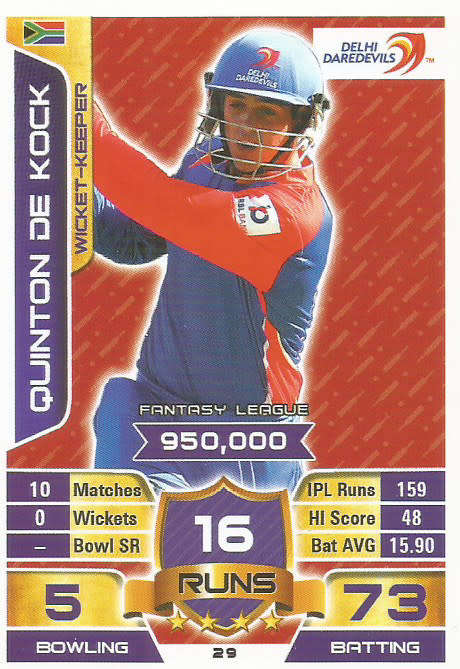 QUINTON DE KOCK - `TOPPS` IPL CRICKET ATTAX 2015/16 - `BASE` TRADING CARD 29