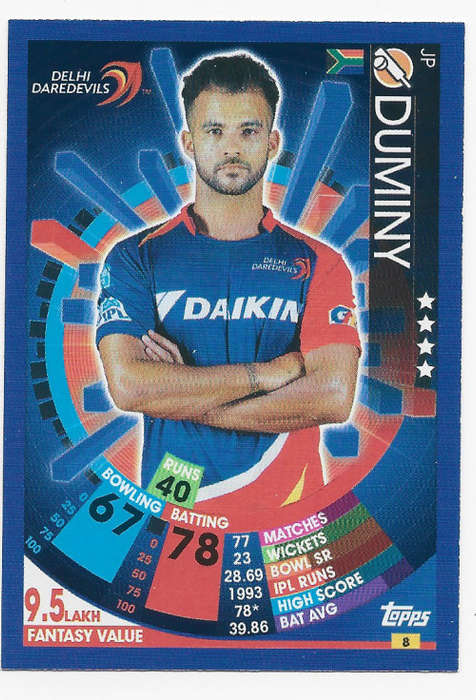 JP DUMINY - `TOPPS` IPL CRICKET ATTAX 2017/18 - `BASE` TRADING CARD