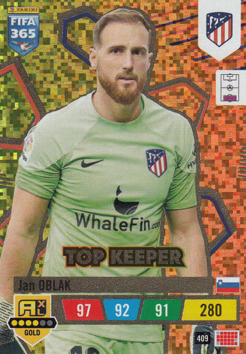JAN OBLAK - PANINI `FIFA 365 COLLECTION` 2023 - GOLD `TOP KEEPER` FOIL TRADING CARD 409