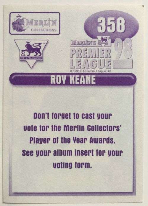 ROY KEANE - MERLIN Premier League Sticker collection 1998 - RARE `STICKER` 358