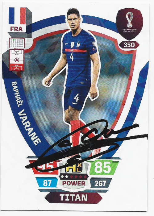 RAPHAEL VARANE (France) - PANINI `FIFA WORLD CUP 2022` QATAR - Personally SIGNED TRADING CARD