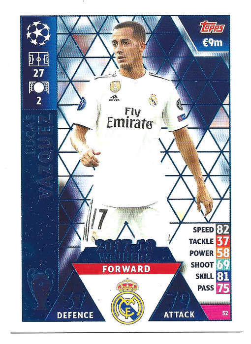 LUCAS VASQUEZ - TOPPS `CHAMPIONS LEAGUE` 2018/19 -  `WINNERS 2017/18` FOIL TRADING CARD 52