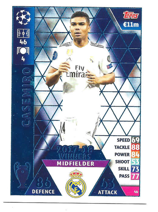 CASEMIRO - TOPPS `CHAMPIONS LEAGUE` 2018/19 -  ROOKIE `WINNERS 2017/18` FOIL TRADING CARD 46