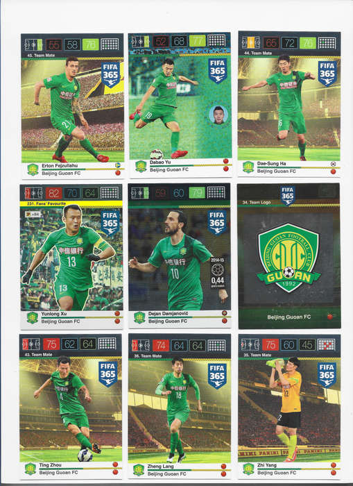 BEIJING GUOAN FC - PANINI `FIFA 365 ` 2016 COLLECTION -  TEAM SET of 9 TRADING CARDS