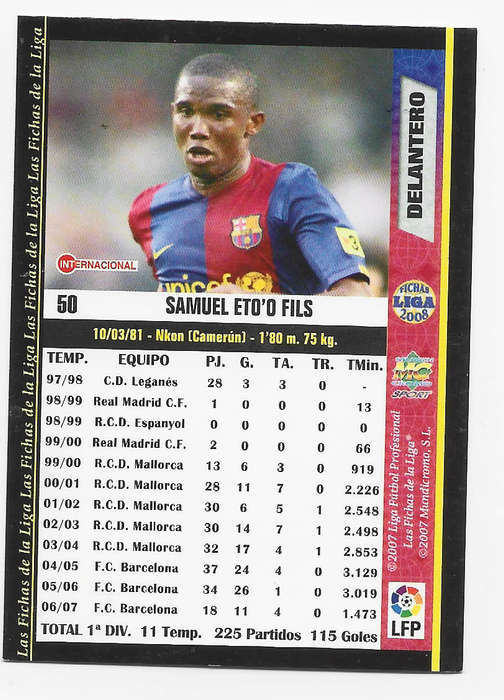 SAMUEL ETO`O (Barcelona) - MUNDI CROMO `LA LIGA SPAIN` 2007/08 - TRADING CARD 50