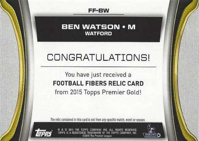 BEN WATSON- TOPPS `PREMIER LEAGUE GOLD 2015/16` - AUTHENTIC `CERTIFIED MEMORABILIA` CARD