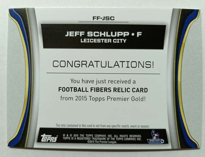JEFF SCHLUPP - TOPPS `PREMIER GOLD` 2015/16 - AUTHENTIC `CERTIFIED MEMORABILIA` TRADING CARD