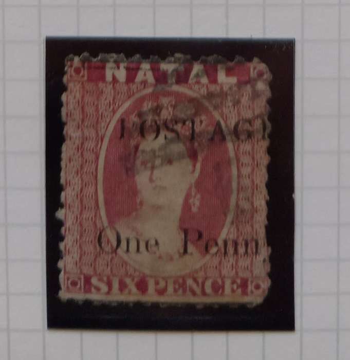 NATAL  1877/1879 - SACC 92 6d ROSE STAMP with SURCHARGE `POSTAGE Half Penny` in Black - Used