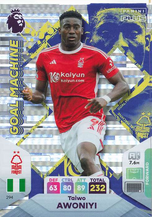 TAIWO AWONIYI - PANINI E/Premier League PLUS 2024 -FOIL `GOAL MACHINE` TRADING CARD 294