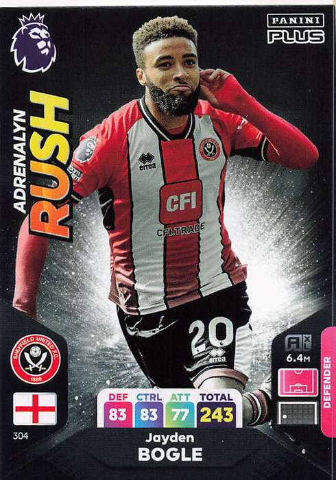JAYDEN BOGLE - PANINI E/Premier League PLUS 2024 -FOIL `ADRENALYN RUSH` TRADING CARD 304