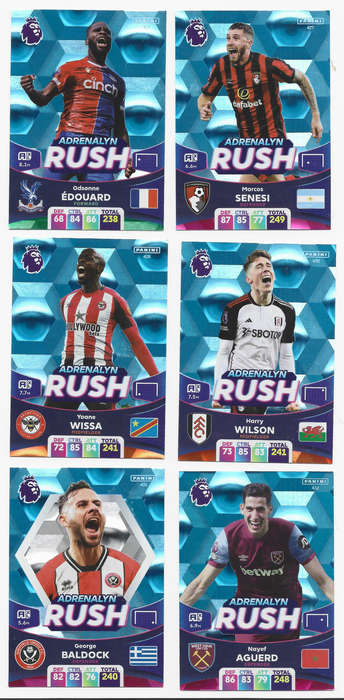 PANINI English Premier League 2023/24 - COMPLETE SET of 6 `ADRENALYN RUSH` FOIL TRADING CARDS