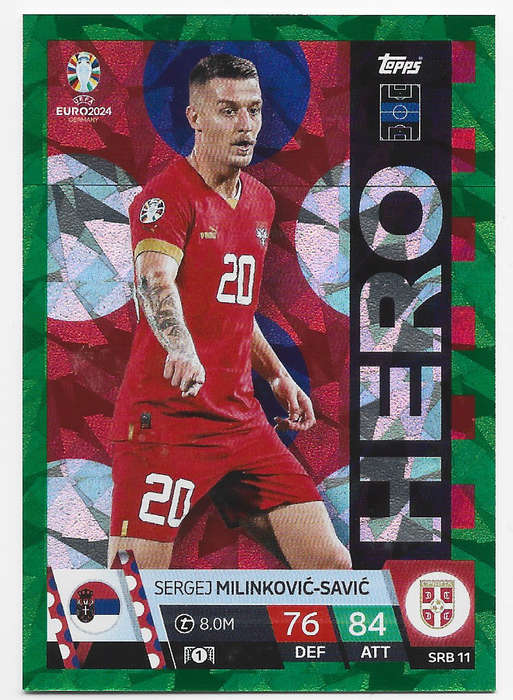 SERGEJ MILI.-SAVIC - Topps `UEFA EURO 2024` Collection - EMERALD PARALLEL`HERO` Trading Card SRB11
