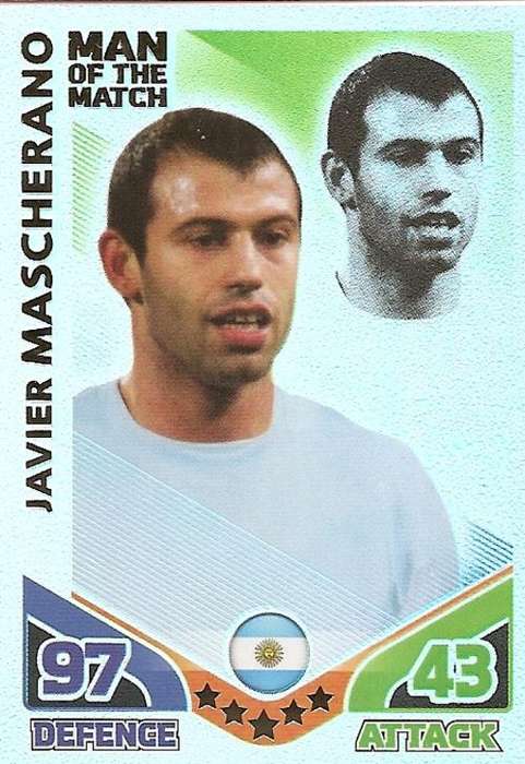 JAVIER MASCHERANO - TOPPS MATCH ATTAX `FIFA WORLD CUP 2010` -  `Man of the Match` CARD - UK EDITION