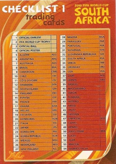 FIFA WORLD CUP 2010 `PREMIUM` COLLECTION - CHECKLIST TRADING CARD 1