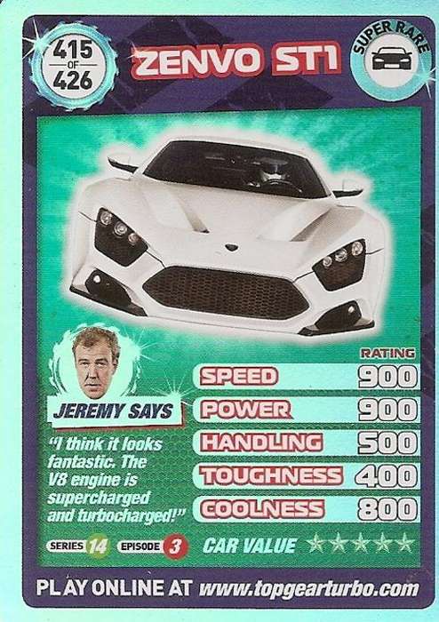 TOP GEAR TURBO CHALLENGE `EXTRA` - ZENVO ST1 `SUPER RARE` CARD 415