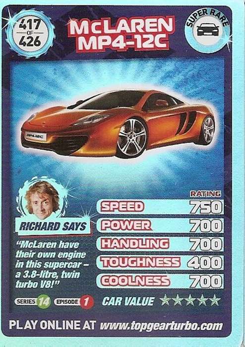 TOP GEAR TURBO CHALLENGE `EXTRA` - McLAREN MP4-12C `SUPER RARE` CARD 417