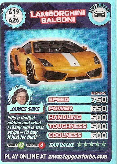 TOP GEAR TURBO CHALLENGE "EXTRA" - LAMBORGHINI BALBONI "SUPER RARE" CARD 419