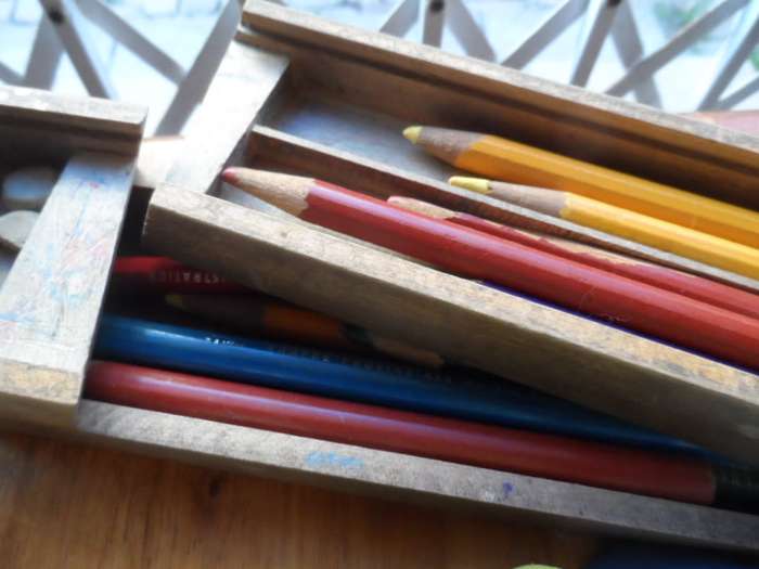 Vintage toys lot.  two frog hand puppets wooden pencil box with crayons catpill tin etc softbody dol