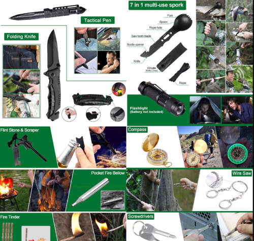 OUTDOORICA 22-in-1 Tactical Survival Kit Outdoor Travel Tools Set